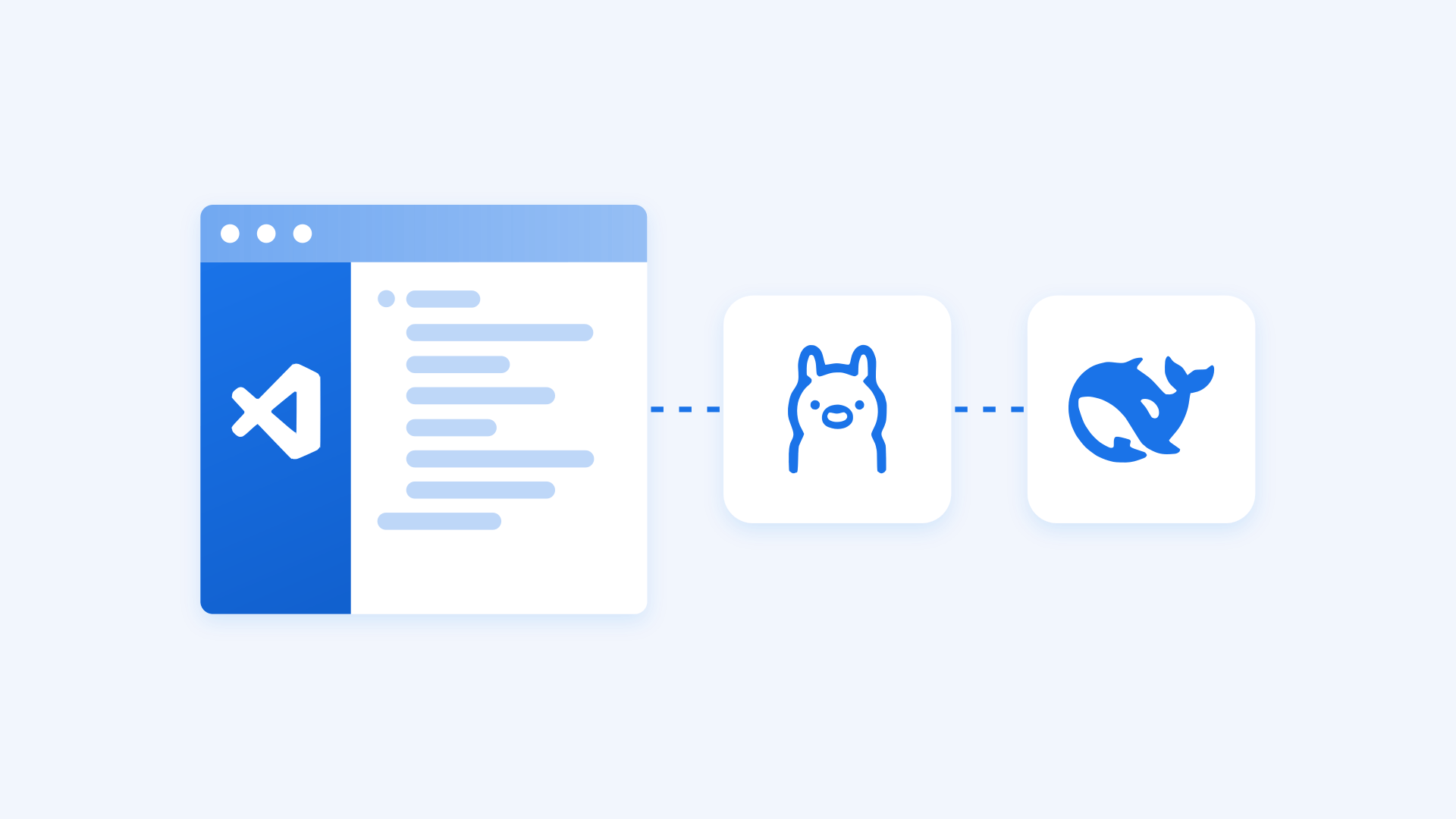 VS Code 편집기에서 점선을 따라 Ollama 카드로, 다시 DeepSeek 카드로 이어지는 그림