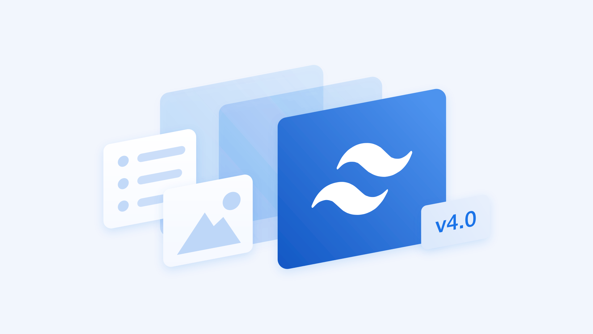 Tailwind CSS 로고가 있는 파란색 카드와 UI·이미지 카드를 겹쳐 놓은 그림